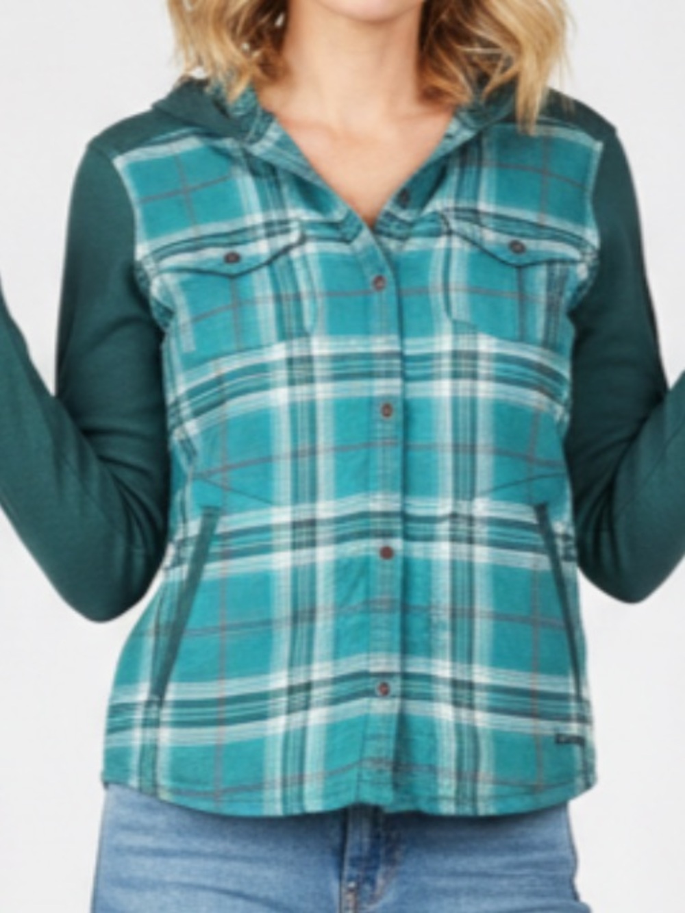 Marmot Women's Green Plaid Hooded Flannel Shacket Button Up Shirt Size M